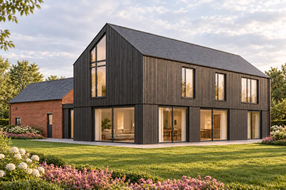 Cherry Tree Barn with dark timber cladding, large glazing and a brick wing
