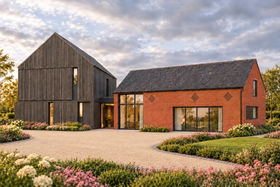 Cherry Tree Barn entrance with a light gravel driveway