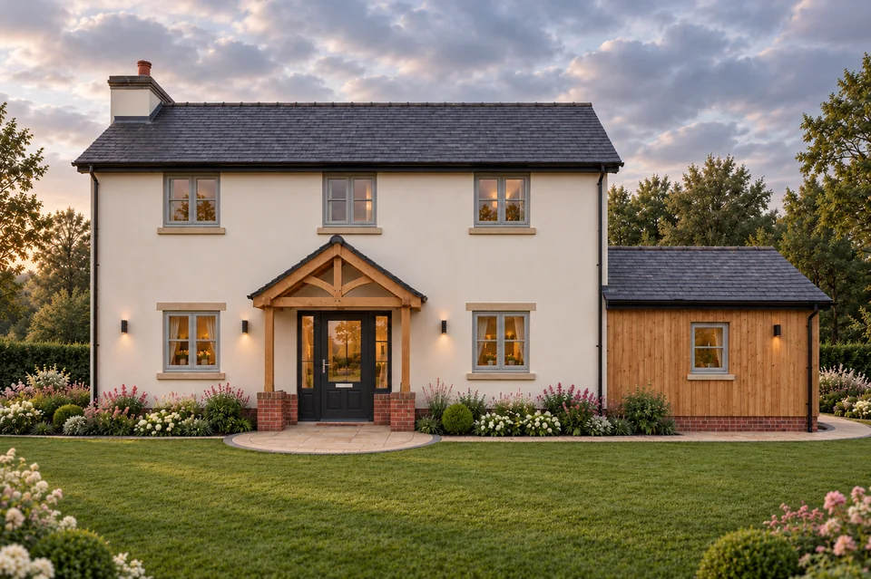 Illustrative evening view of Ivy House, with cream render, timber garage and landscaped garden