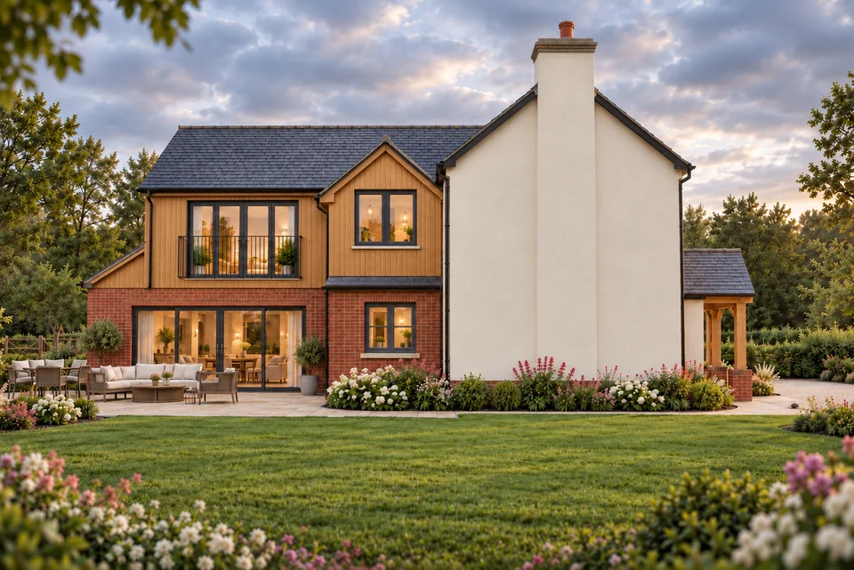An illustrative view of the garden side of Ivy House in soft evening light