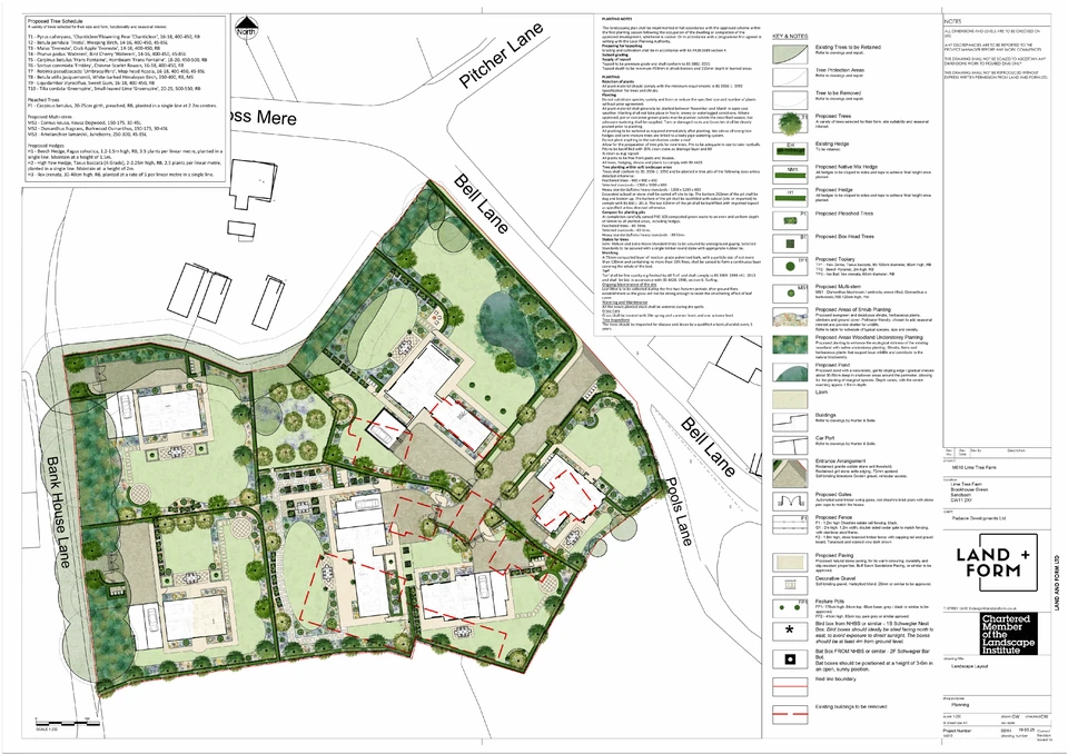 Landscape plan showing the six homes, garden areas, planting and access at Lime Tree Farm