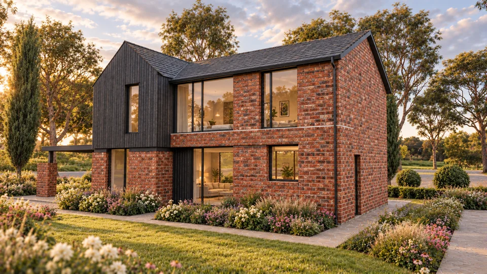Plot 3 with warm brickwork, dark timber cladding and generous glazing