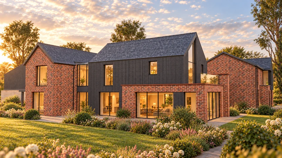 Plot 4 with warm brickwork, dark timber cladding and generous glazing