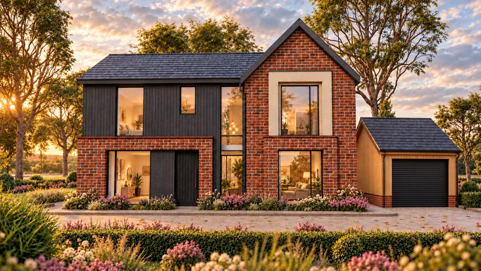 Plot 5 with warm brickwork, dark timber cladding and generous glazing