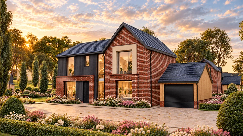 Plot 6 with warm brickwork, dark timber cladding and generous glazing